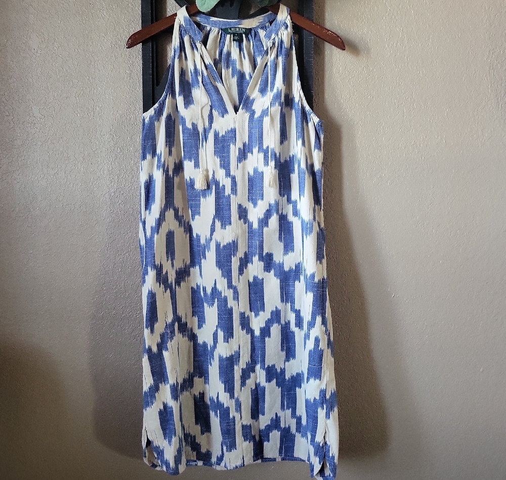 RALPH LAUREN Chic Blue and White Patterned Midi Dress